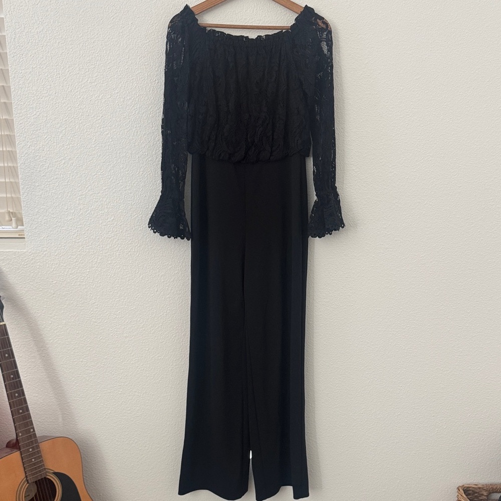 Adrianna Papell Off the Shoulder Lace Sleeve Jumpsuit Black Size 4 Formal Event - Picture 3 of 9